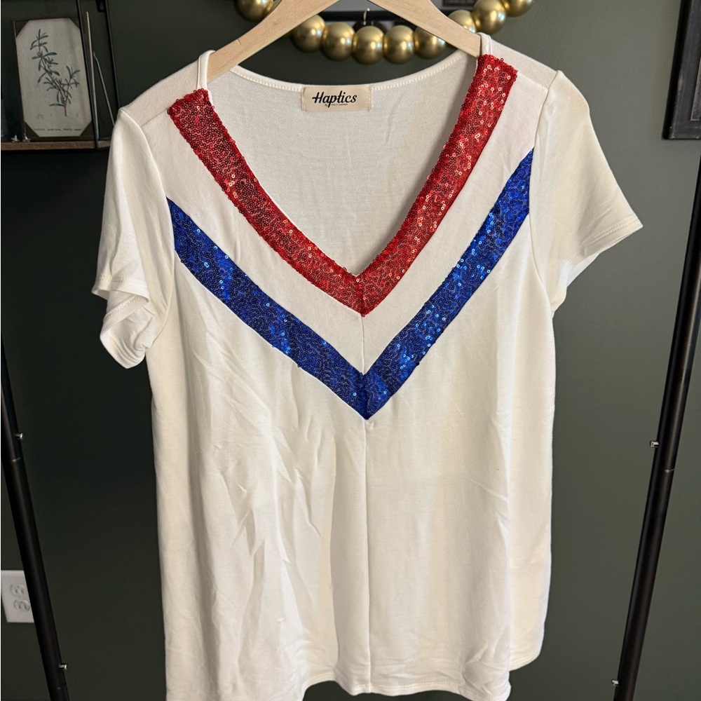 Women's White Top with Red and Blue Accents